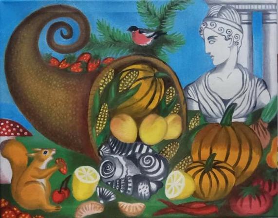 Still Life with Cornucopia and Ancient Greek Statu - Marina Jones