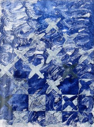 Avions et damier argent sur fond bleu - Alessandra Carlier-Checchia