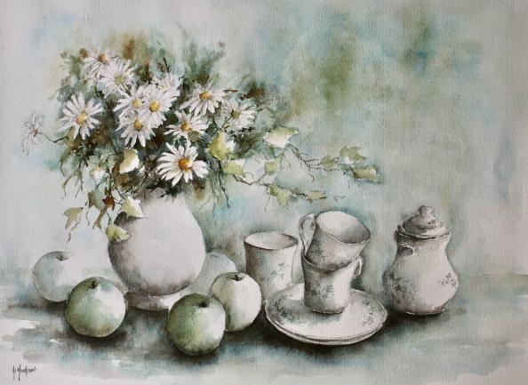 Marguerites, porcelaines et fruits d'automne - Marie-Charlotte Houpeurt-Chauffeté - Cliquer pour afficher en grand