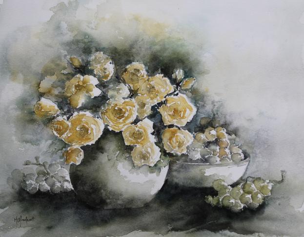 Roses jaunes et raisins - Marie-Charlotte Houpeurt-Chauffeté - Cliquer pour afficher en grand