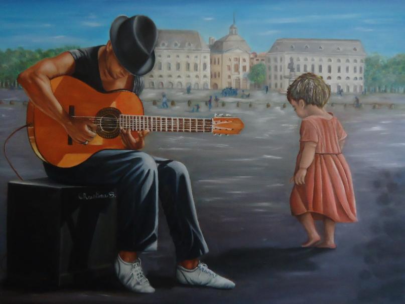 L'enfant et le guitariste - Christine Slimani - Cliquer pour afficher en grand