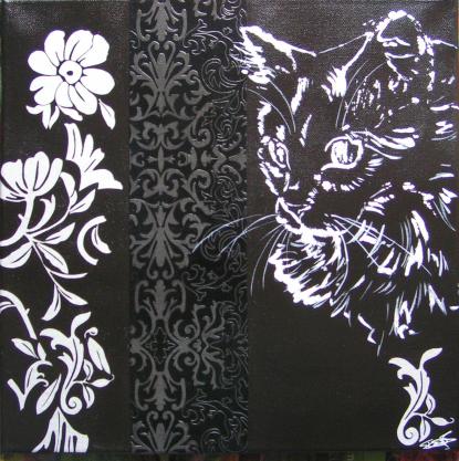 Chat et fleurs argentées - Cynthia Guilpin