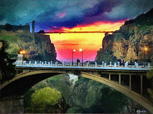 Constantine : Panorama des ponts le soir - Med Bachir Bouchriha