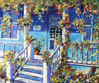 Fleurs sur le porche toile à l'huile originale - Richard T Pranke