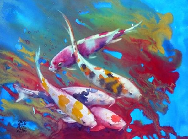 Carpes koi et algues rouges - André Méhu - Click to enlarge