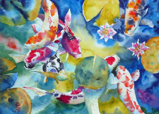 Carpes koi et deux fleurs de nénuphar - André Méhu