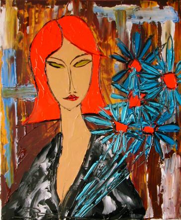 JEUNE FEMME ROUSSE AU BOUQUET BLEU - Jiel