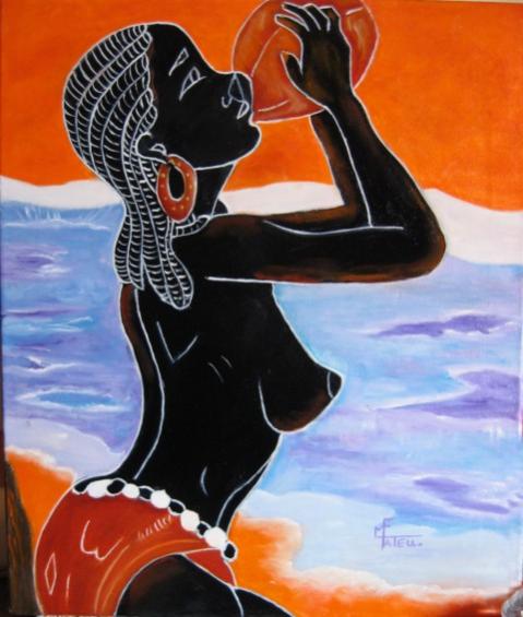 Femme Africaine buvant dans une calebasse - Marie France Mateu