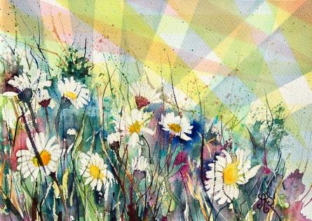 Champ de marguerites sur fond géométrique - Annick Sabatier
