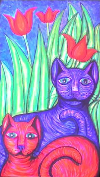 Deux chats aux tulipes - Stephane Cuny