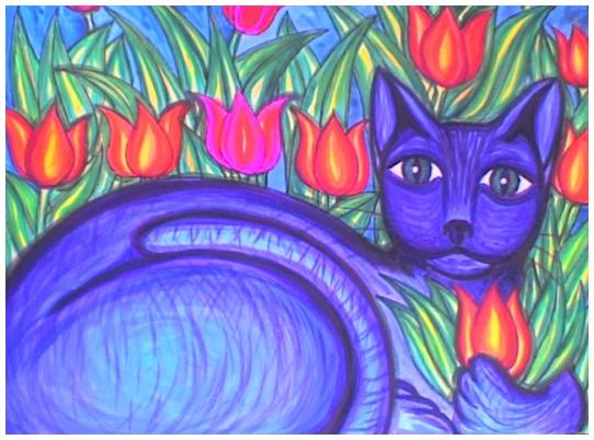 Die blaue Katze im Feld von Tulpen - Stephane Cuny