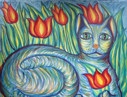 Chat vert aux tulipes - Stephane Cuny