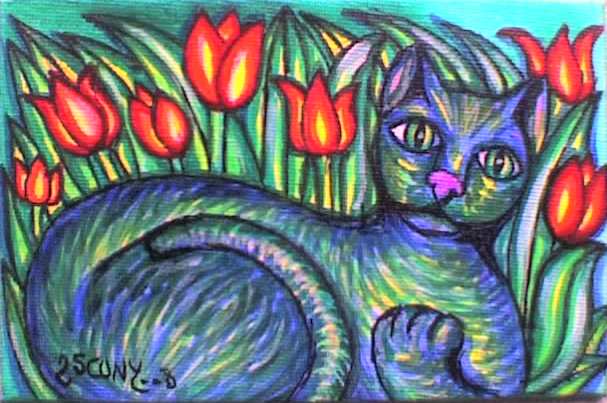 Le chat bleu-vert aux tulipes - Stephane Cuny - Cliquer pour afficher en grand