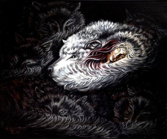 Les loups et le couple endormi. - Michele Vincent