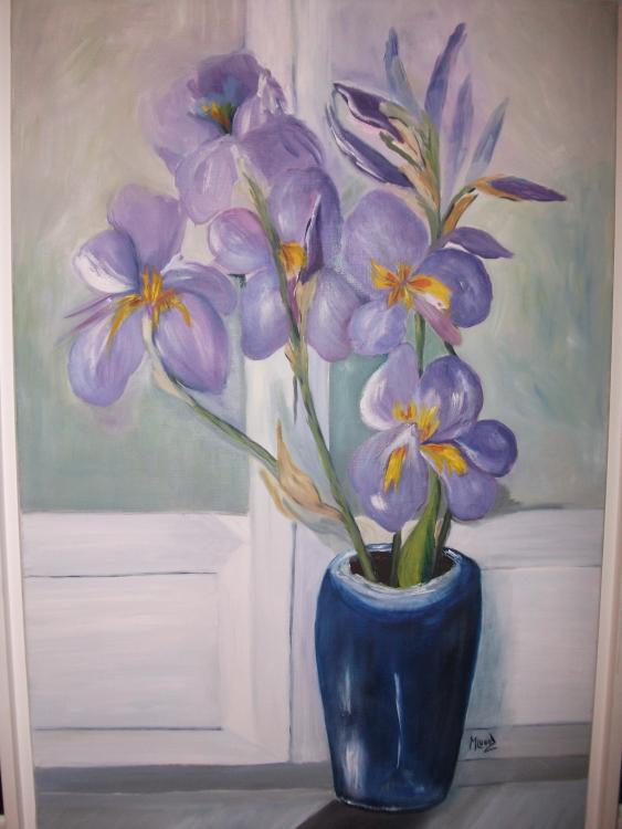 Le vase bleu aux iris . - Marcelle Lugez