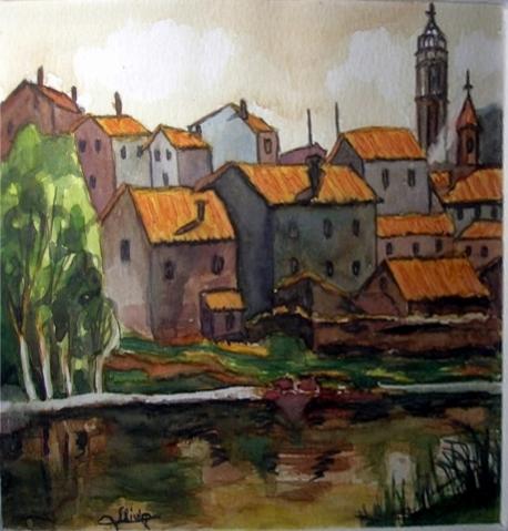 Village au bord de l'eau - Michèle Ollivier
