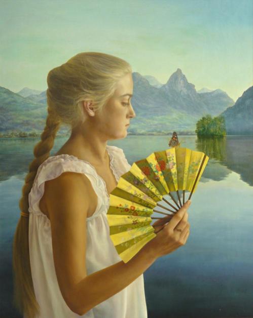 Portrait of Ola with a Fan - Grzegorz Bialik