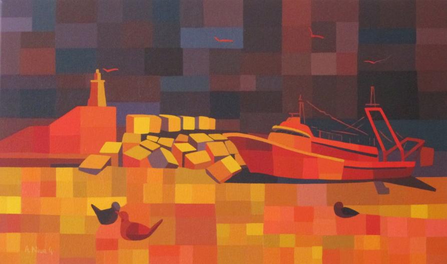 Red boat on the yellow sea - Nina Govedarica - Cliquer pour afficher en grand
