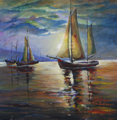 Moonlight night and sailing vessels. - Vera Gindinblat