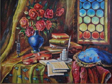 Still-life with roses and a violin. - Vera Gindinblat