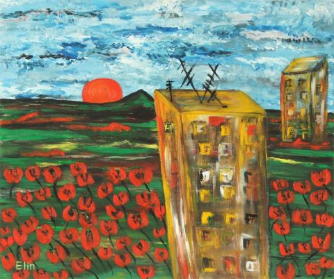 Landscape with sun #03 oil painting bogomolnik - Elin Bogomolnik