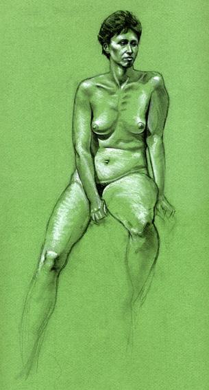 Nu assis sur papier vert - Richard MARTENS