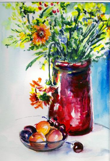 Fruit and Red Vase - Elena Lasovskaya