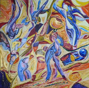 2012 Bleus au marché.Blue figures at the market. - Jean-Pierre Milesi