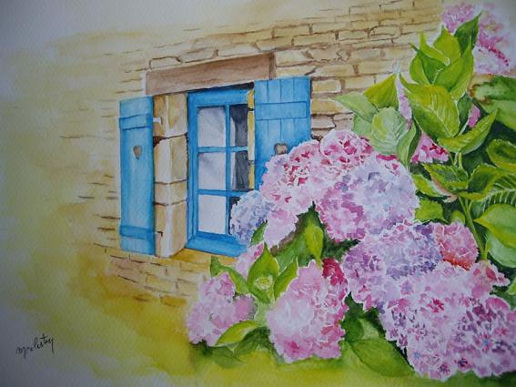 Façade de maison Bretonne avec des hortensias : Aquarelle sur papier -  Marie Celestin