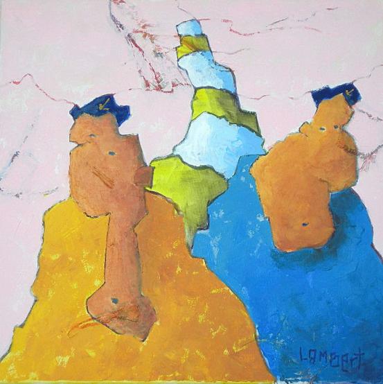 Deux hommes, un phare jaune et le ciel rose - Lambert Alexandre