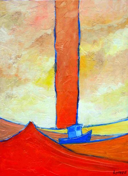 bateau bleu sur mer orange - Lambert Alexandre