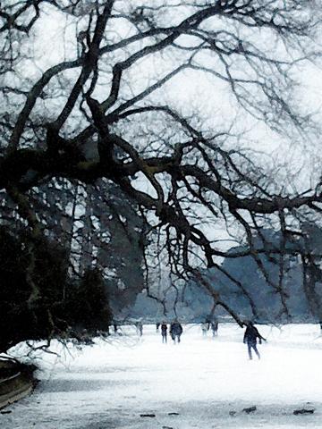 Promeneurs sur le lac du Bois de Boulogne en hiver - James Augustin
